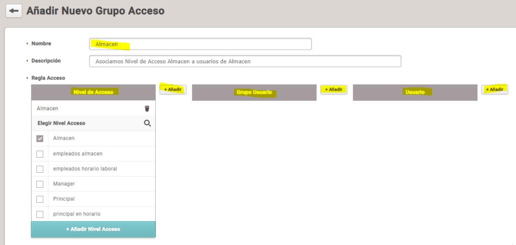 Bioentry configurar grupo accesos