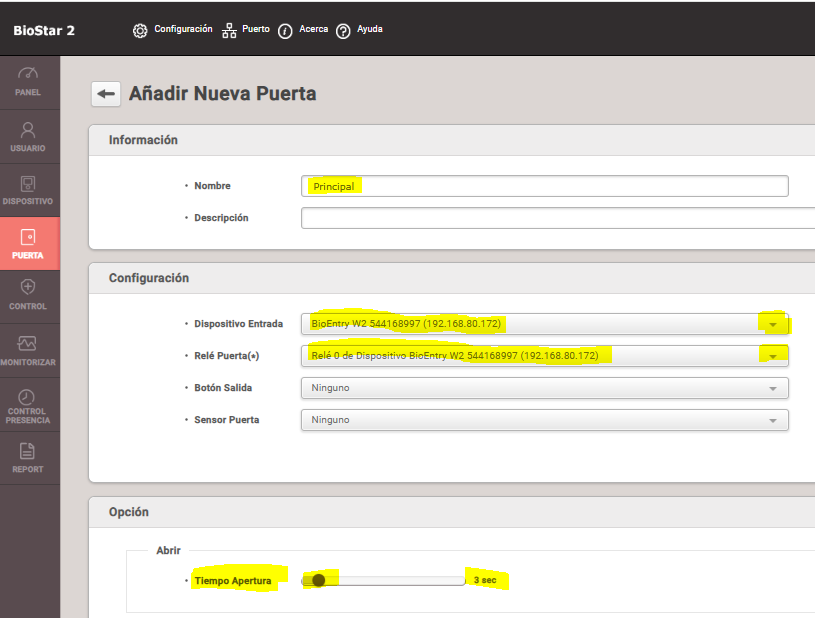 Bioentry configurar puerta